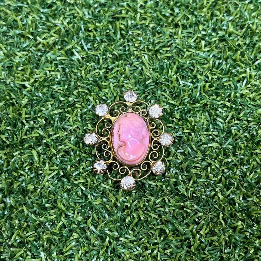 Vintage Gold Tone Pink Profile Portrait Cameo Filigree Brooch
